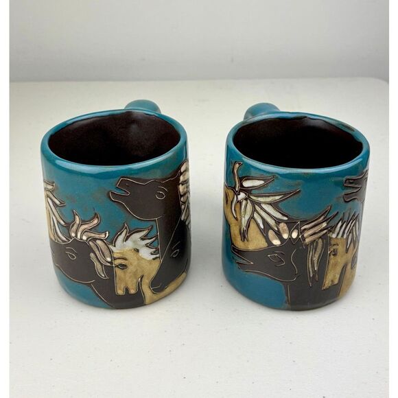 Set of 2 Mara Mexico Art Pottery Western Horse Stoneware Coffee Mugs Embossed FC - Picture 3 of 9